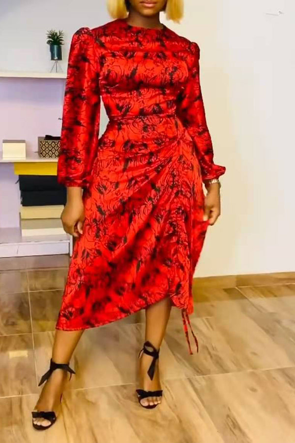 Elegant Round Neck Print Pleated Slit Midi Dress