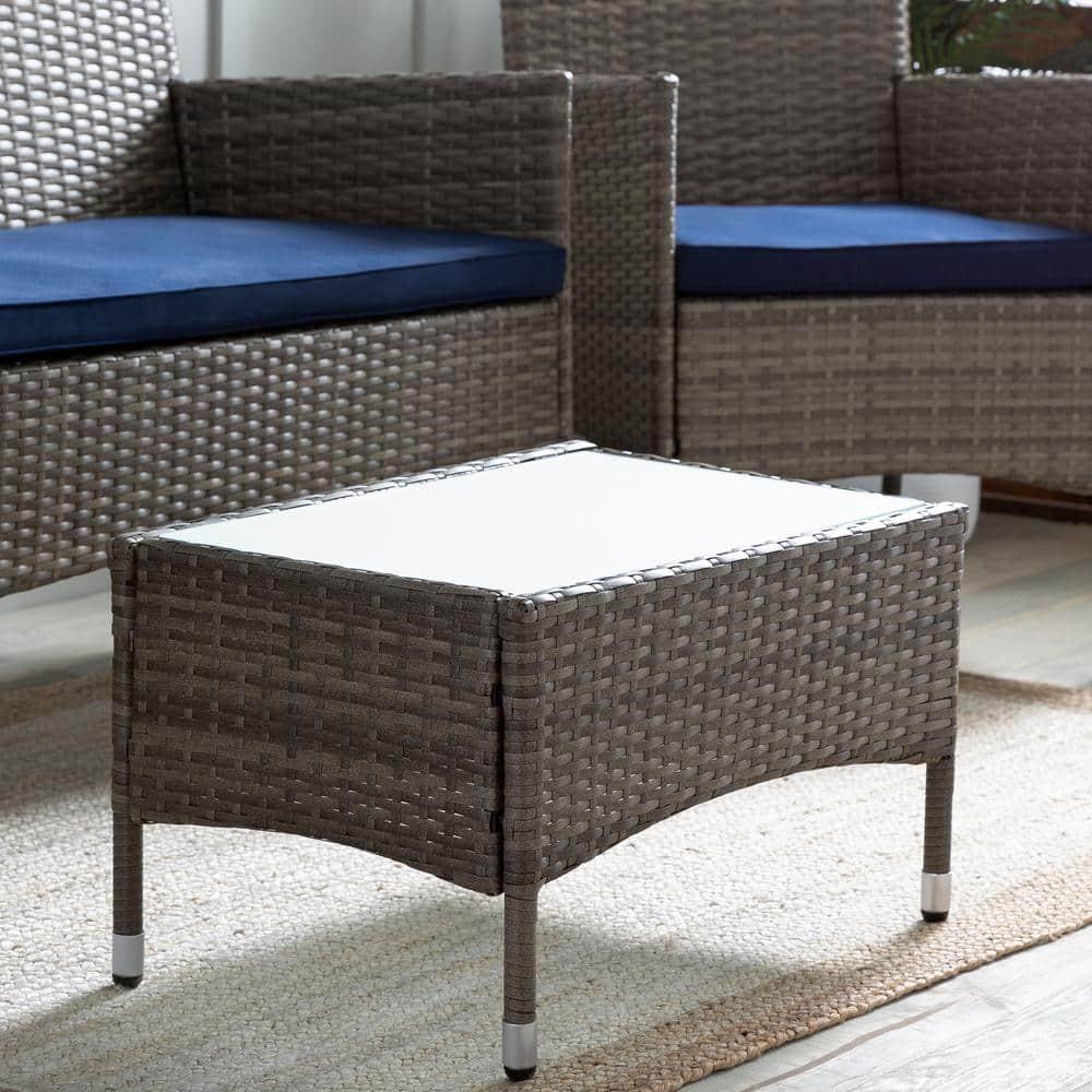 Brookside Iris Gray 4Piece Rattan Outdoor Conversation Seating Set and Patio Table with Navy Cushions