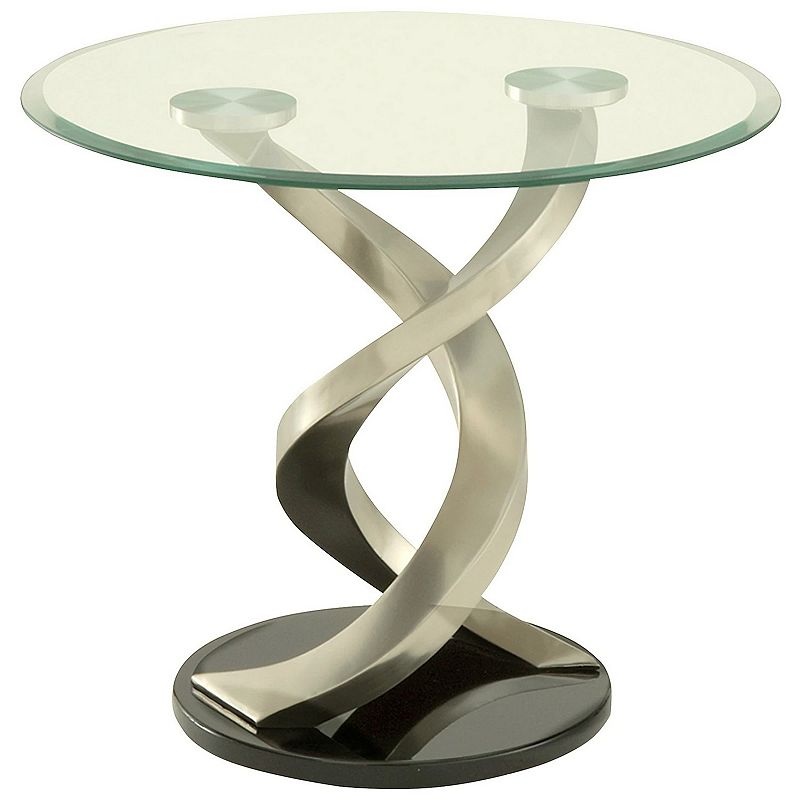 Modern Round Glass Top End Table with Twisted Metal Base， Silver and Black