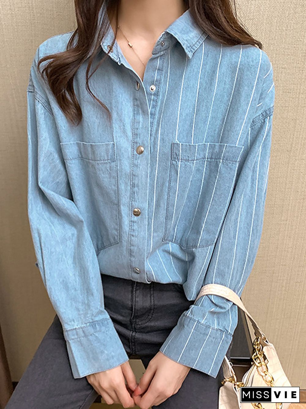 Vintage Striped Splice Denim Blouses&Shirts