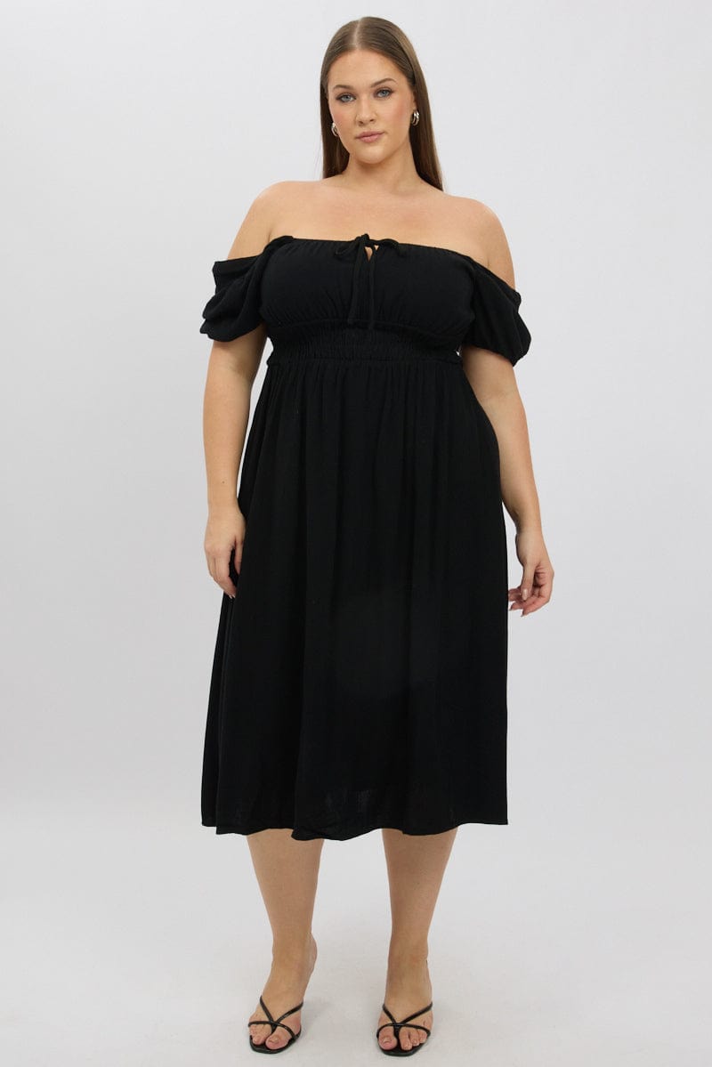 Black Midi Dress Short Sleeve Ruched Bust Linen Blend