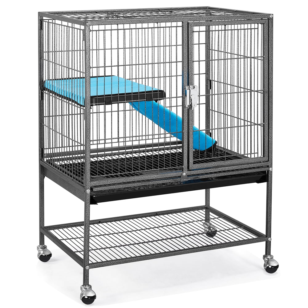 Easyfashion Rolling Metal Small Animal Cage with Removable Ramp and Platform， Hammered， Black