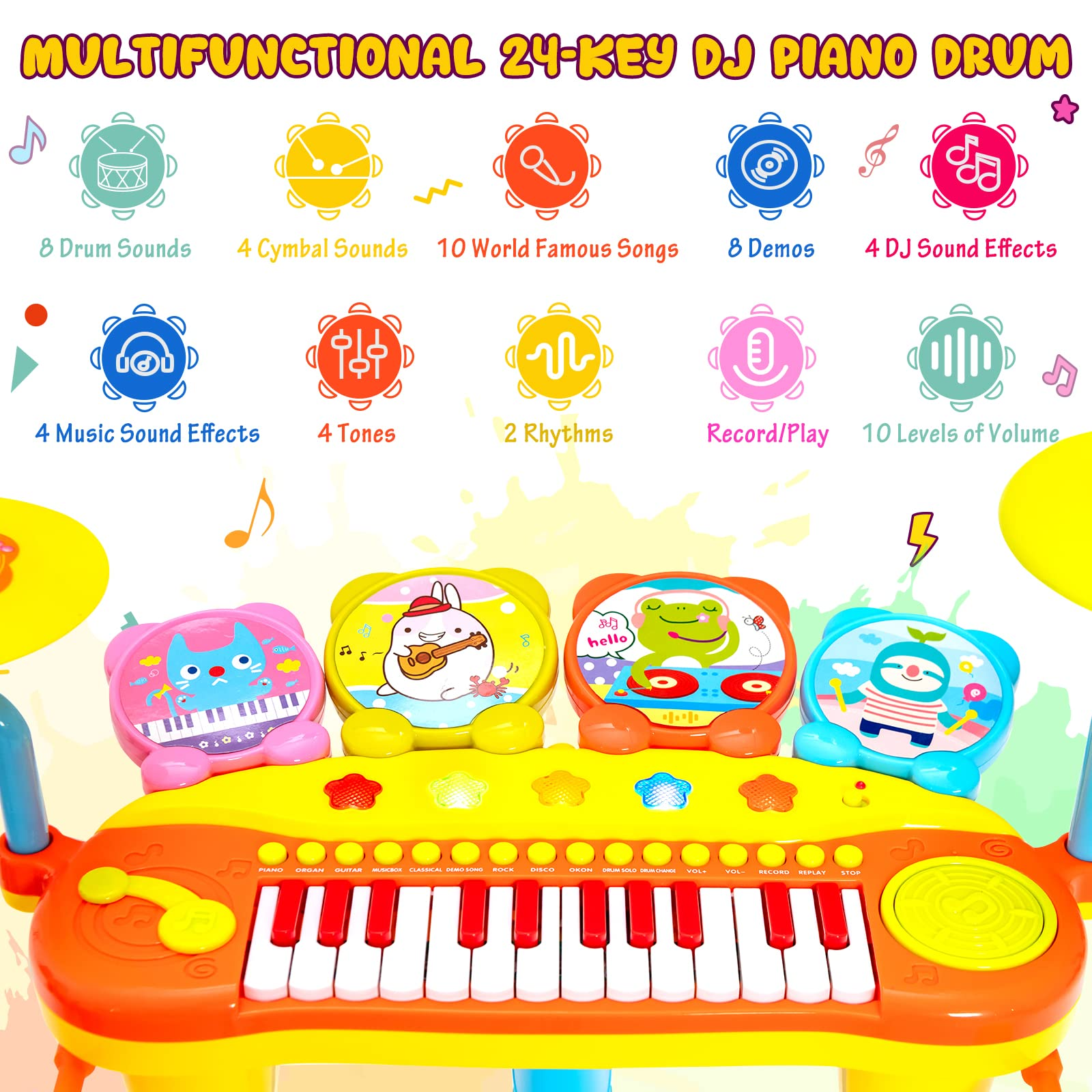 Costzon 24-Key Piano Keyboard DJ Drum Combination, Kids Drum & Electric Keyboard Set with Stool, Microphone