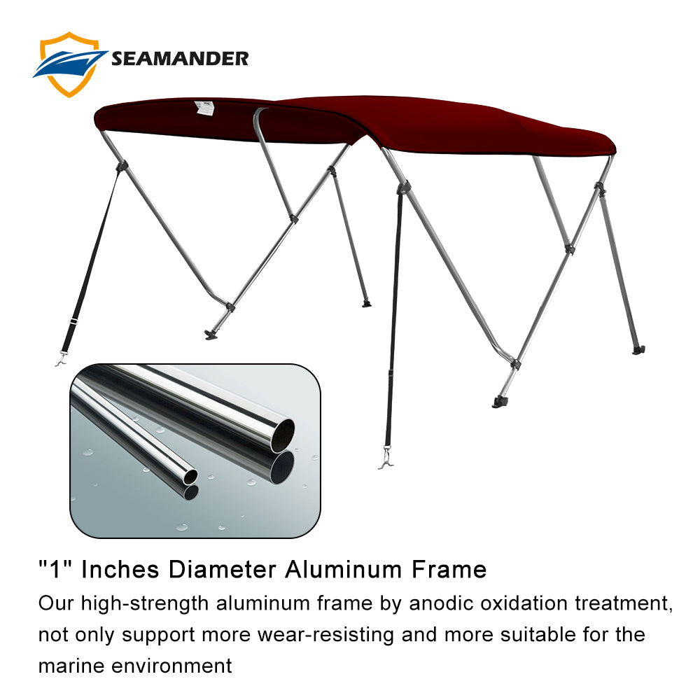 Seamander 3 Bow Bimini Top Boat Cover with Rear Support Pole and Storage Boot， Burgundy