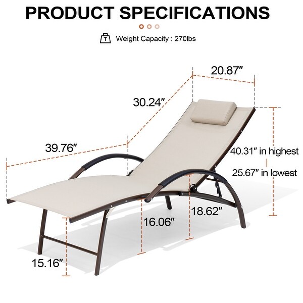 Crestlive Outdoor Adjustable Reclining Chaise Lounge Chair with Arms and Headrest，Aluminum or Steel Frame Options