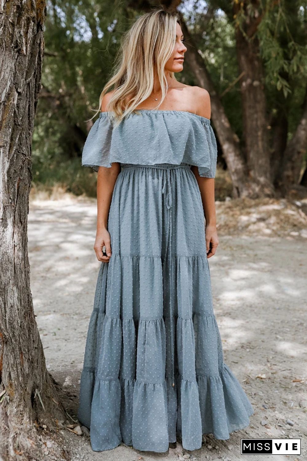 Sky Blue Off Shoulder Ruffle Swiss Dot Maxi Dress