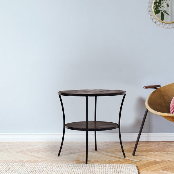 Round Wooden Side Table Mango Wood And Metal 23.4x23.6x22.5 Inch