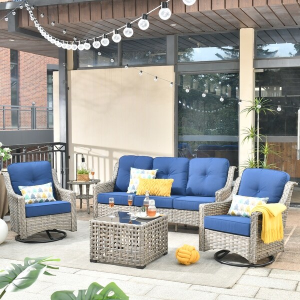 HOOOWOOO 5piece Patio Wicker Furniture Conversation Set with Swivel Chair and Coffee Table