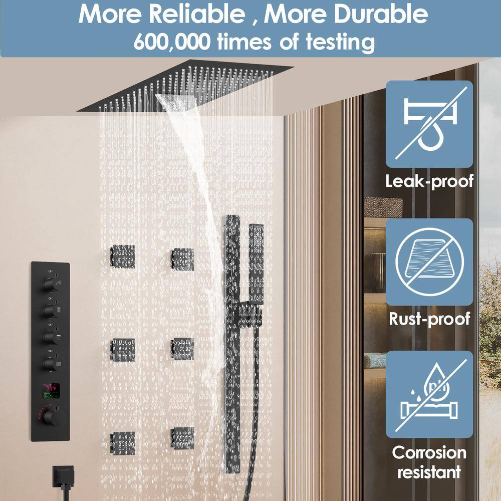 GRANDJOY LED Temperature Display with Valve 15-Spray Ceiling Mount 16 in. Fixed and Handheld Shower Head 2.5 GPM in Matte Black GJSFS-1027-BK16