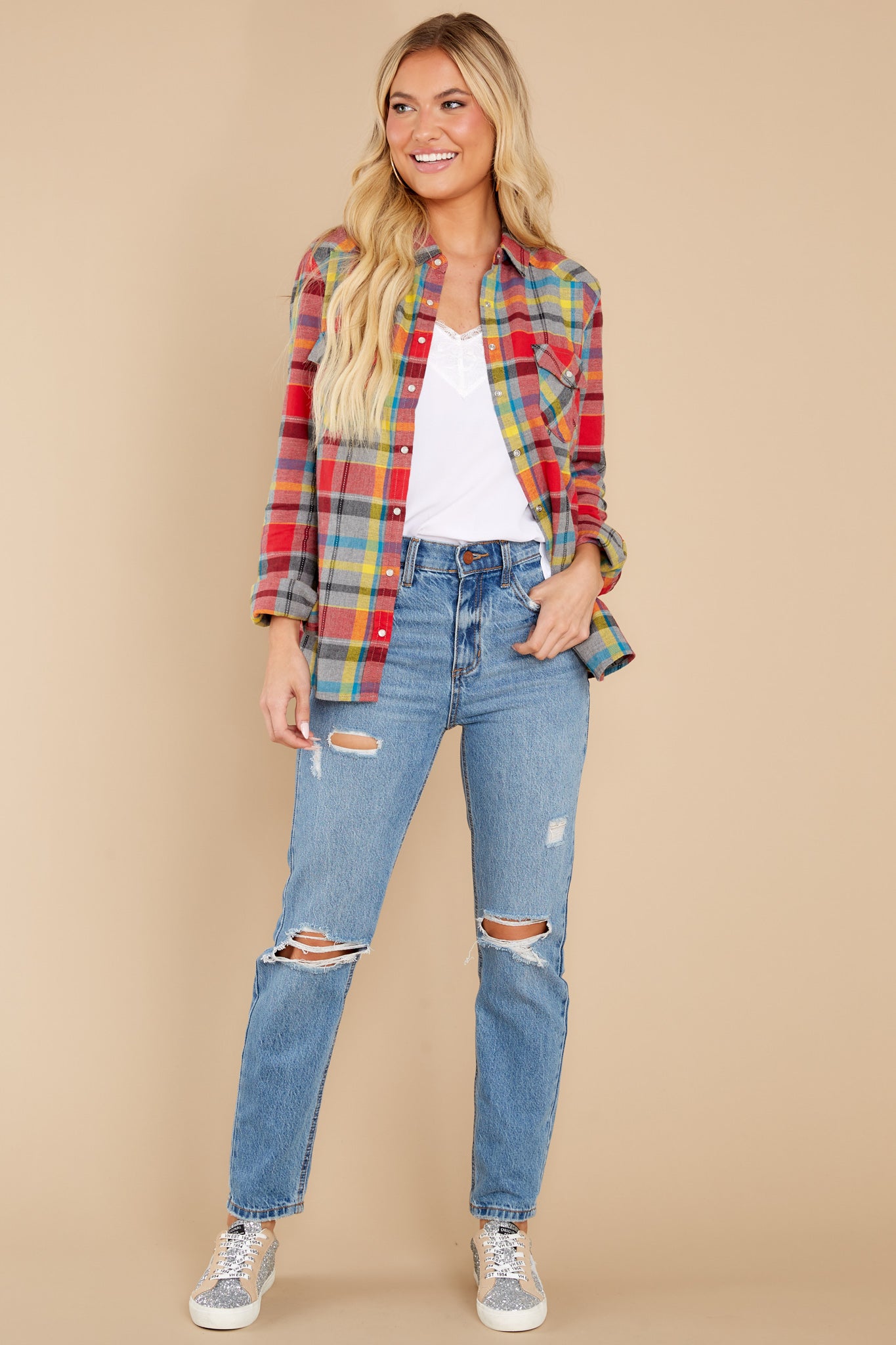 Vibrant Rays Grey Multi Plaid Cotton Top