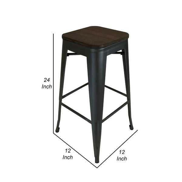 Gene 24 Inch Counter Stool with Industrial Wood Seat， Black Metal Frame