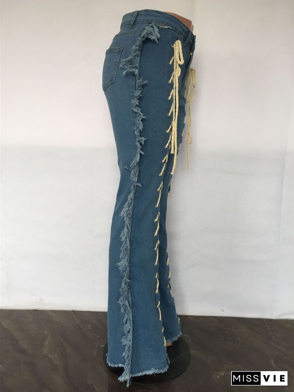 Chic Lace Up Hollow Out Tassel Side Flare Jeans