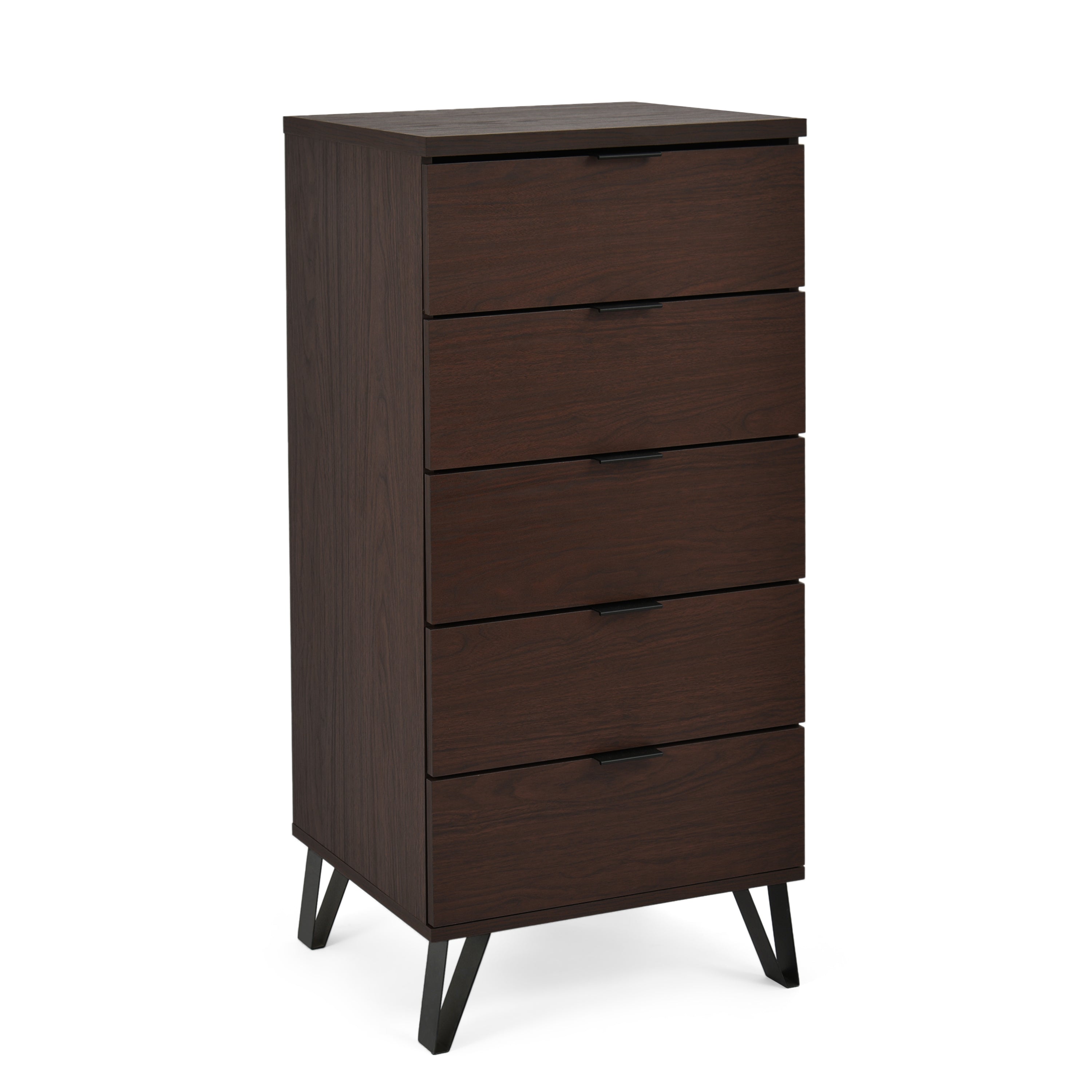 Demijen Modern Industrial 5 Drawer Dresser, Walnut and Matte Black