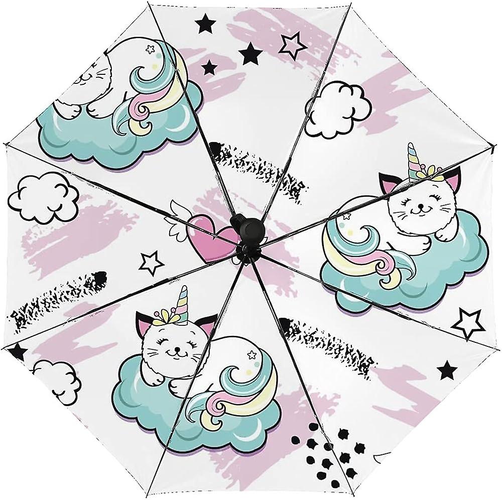 Colourlife Travel Umbrella Cat Unicorn And Splash Automatic Windproof Foldable Umbrella For Sun and Rain