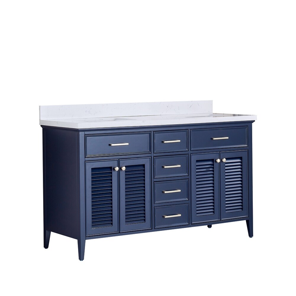 Barcelona 30 inch wood double sink vanity with marble and ceramic sink in Blue