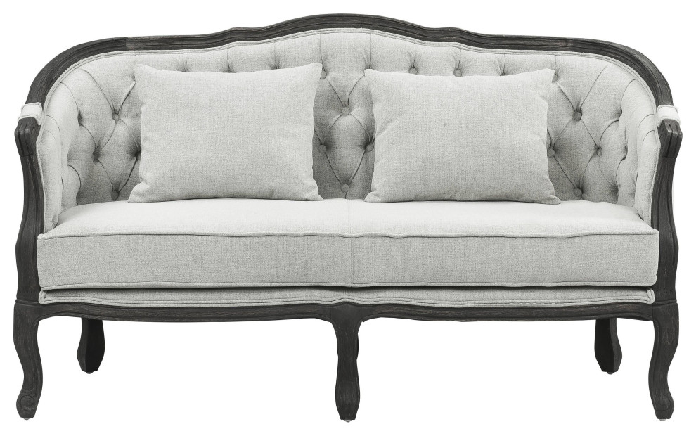 Samael Loveseat With 2 Pillows  Gray Linen and Dark Brown Finish   Traditional   Loveseats   by VirVentures  Houzz