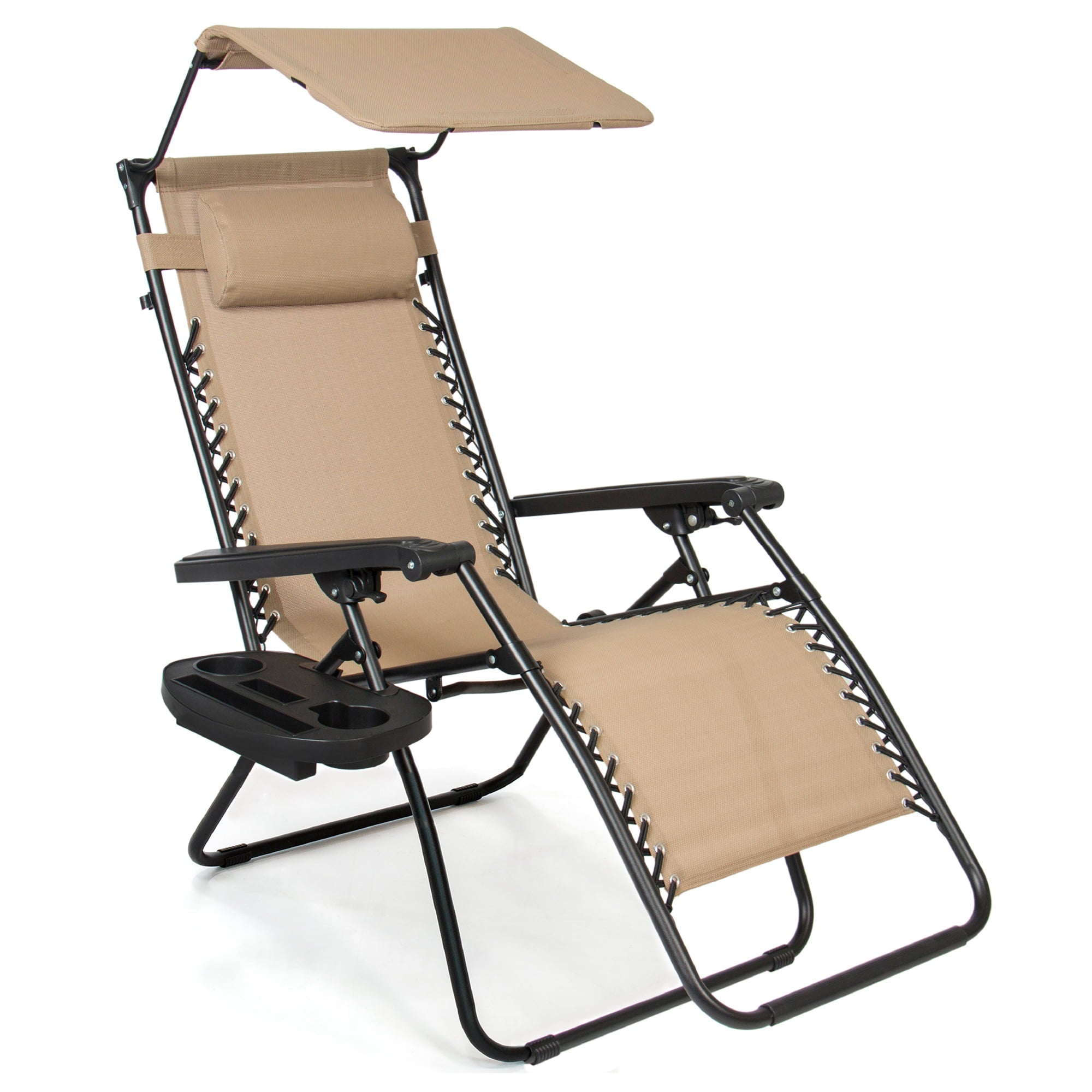 Best Choice Products Folding Zero Gravity Recliner Patio Lounge Chair w/ Canopy Shade, Headrest, Side Tray - Beige