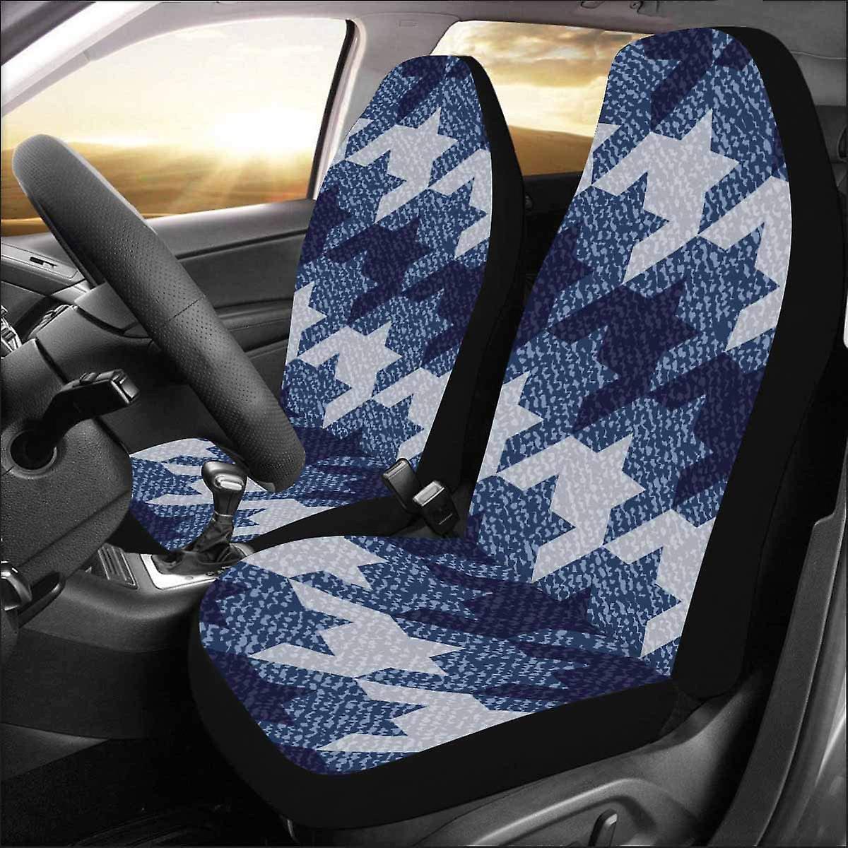 Set Of 2 Car Seat Covers Denim Texture Houndstooth Universal Auto Front Seats Protector Fits For Car，suv Sedan，truck