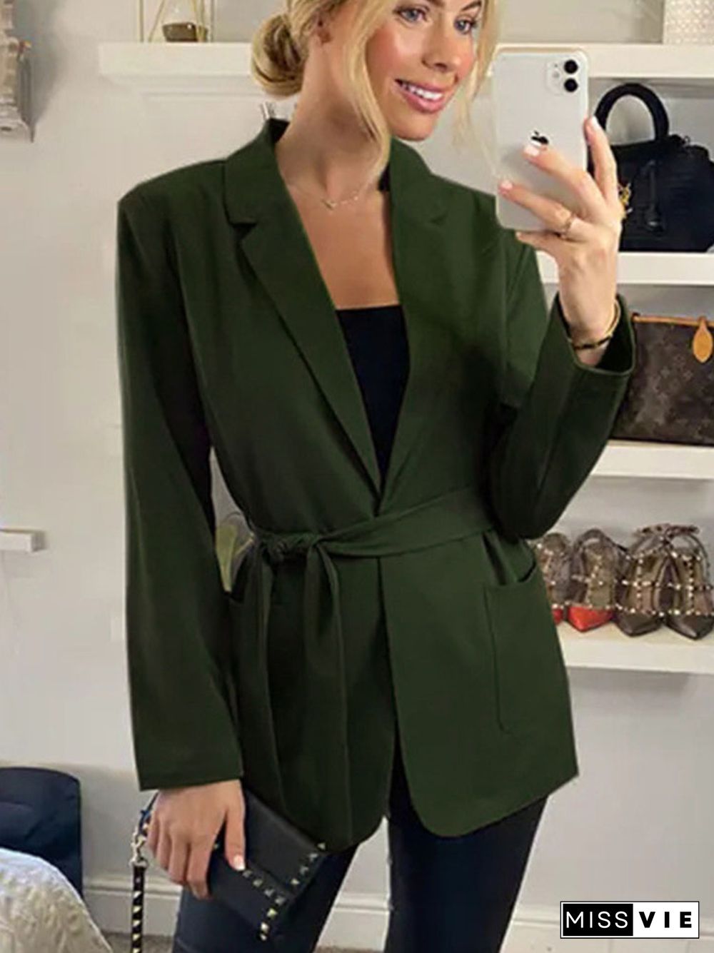 Autumn Elegant Women's Blazer Jacket Winter Blazer Female Office Black Fashion Waist Slimming Belt Jacket Women Casual Coat