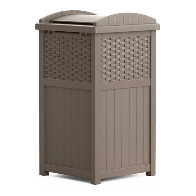 Suncast Wicker Plastic Outdoor Hideaway Trash Can With Sturdy Base amp Latching Lid For Use In Lawn Backyard Deck Or Patio Dark Taupe 2 Pack