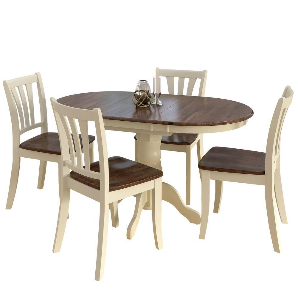 CORLIVING Dillon 5-Piece Extendable Dark Brown and Cream Solid Wood Dining Set DSH-470-Z2