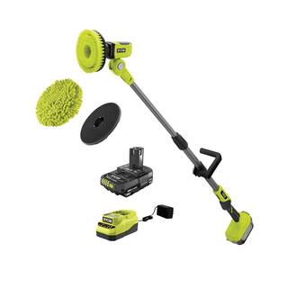 RYOBI ONE+ 18V Cordless Telescoping Power Scrubber Kit with 2.0 Ah Battery and Charger and 6 in. Knit Microfiber Kit P4500K-A95KMK1