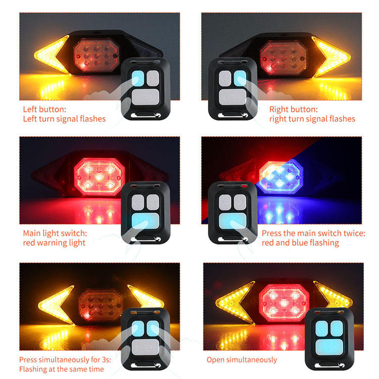 Intelligent Remote Control bike taillight 4 Blue 5 Red 30 Yellow SMDs 6 turn signal lights options USB charging rear bike light