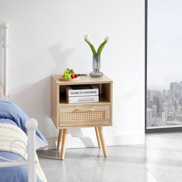 Modern Side table with Drawer and Solid Wood Legs，Rattan Nightstand with Power Outlet and USB Ports