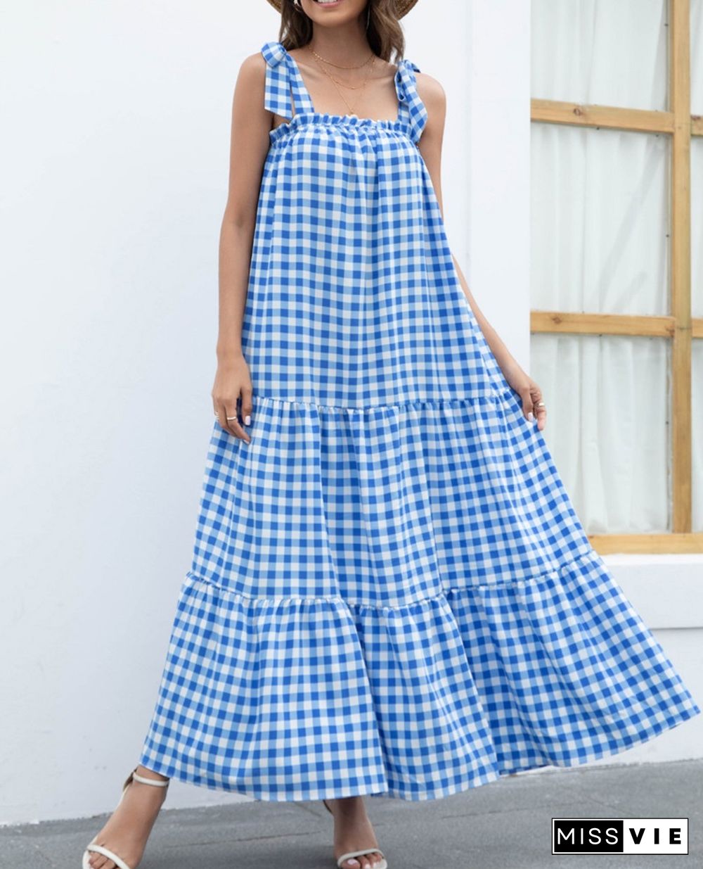 Elegant Fashion Check Sleeveless Sling Dress Women Summer Dress NEW Lace-up Ruffle Slash Neck Swing With A-line Long Dress