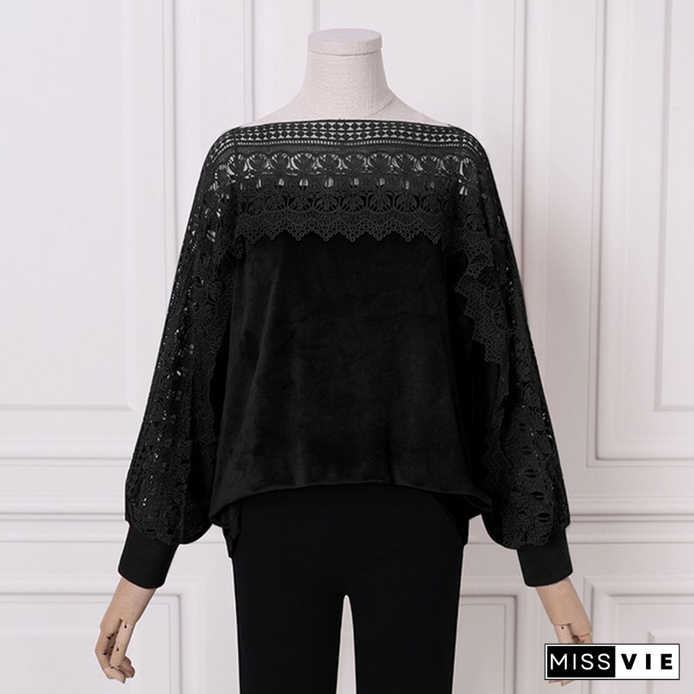 Women Long Sleeve Sweater Knitted Blouse Lace Patchwork Hollow Out Pullover Tops Casual Loose T Shirt Plus Size