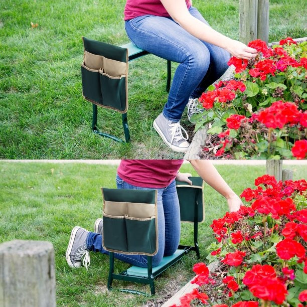 Kneeler Bench - Foldable Stool with 2 Tool Pouches (Green)