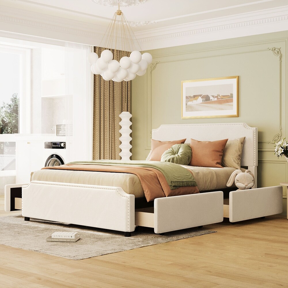 Velvet Queen Bed with 4 Drawers  Deluxe Upholstered Platform Bed w/Stud Trim Headboard   Footboard  No Box Spring Needed  Beige