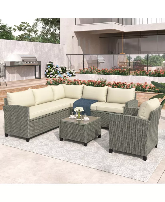 Simplie Fun Patio Furniture Set 5 Piece Outdoor Conversation Set with Coffee Table Cushions and Single Chair