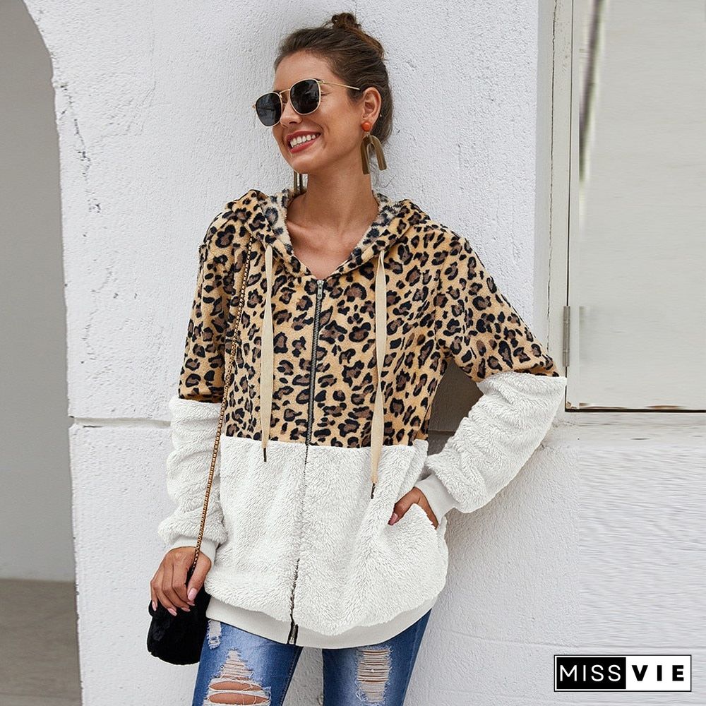 Autumn Winter Women Sweatshirt Hooded Leopard Hoodies Casual Zipper Long Sleeve Hoodie Fashion Velvet Tops Warm Coat Streetwear