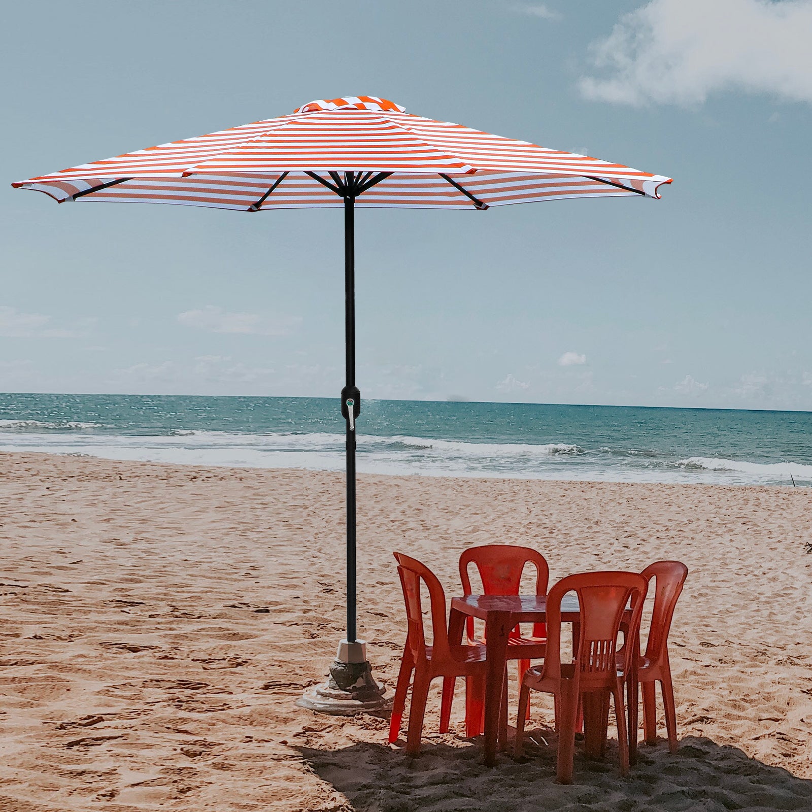 9Ft Patio Umbrella Outdoor Garden Table Patio Folding 8 Ribs Adjustable Crank Orange Stripe