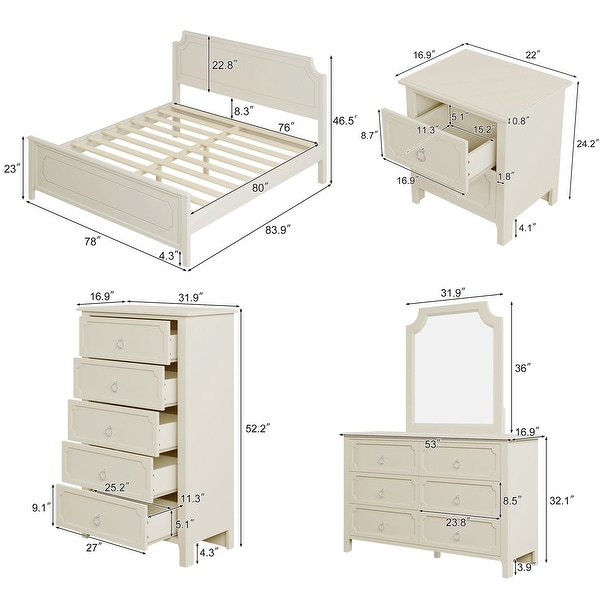 King Size Platform Bed with 2 Nightstand， Chest， Mirror and Dresser - - 37279851