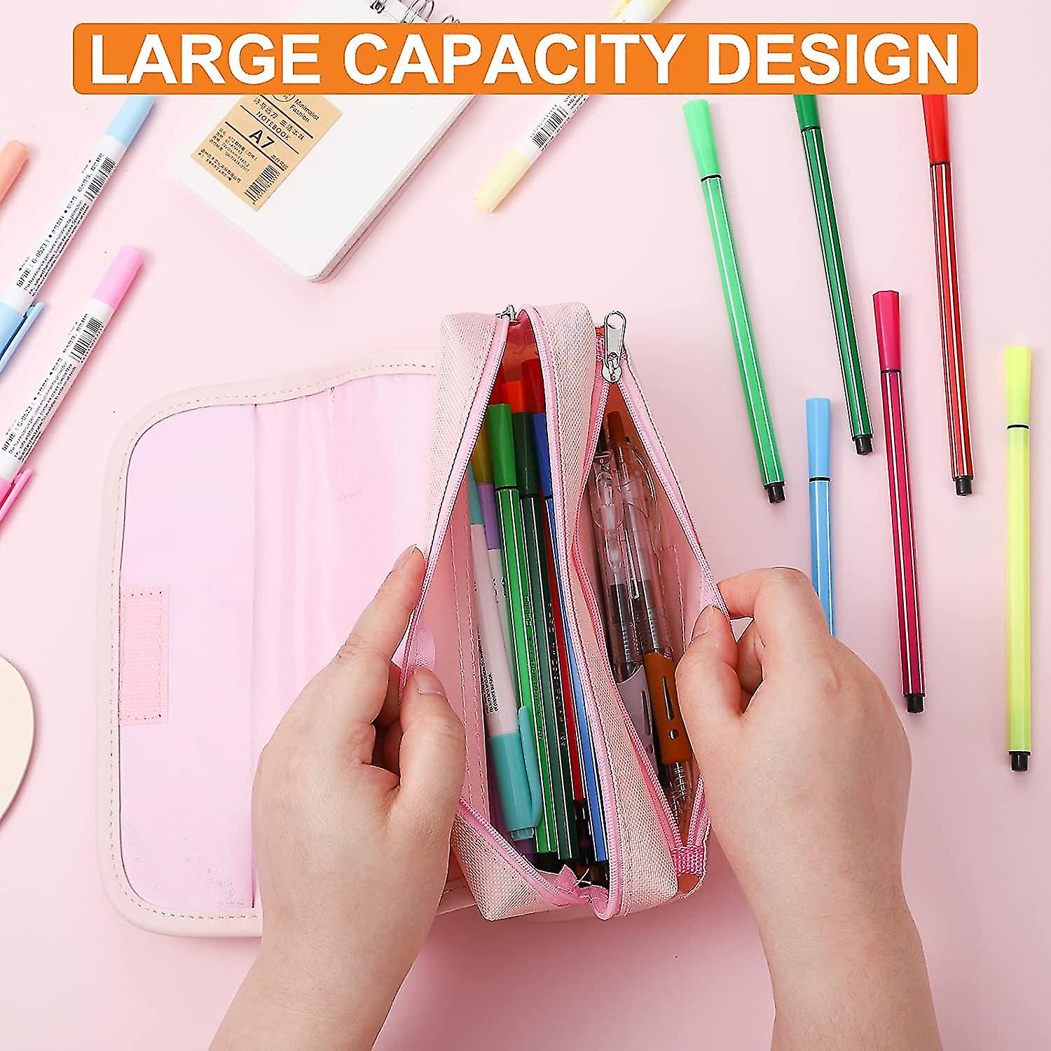 Veeki Pink Large Pencil Bag With Handle Kawaii Pencil Case For Girls With Decompression Doll Portable Large Pen Storage Bag For School