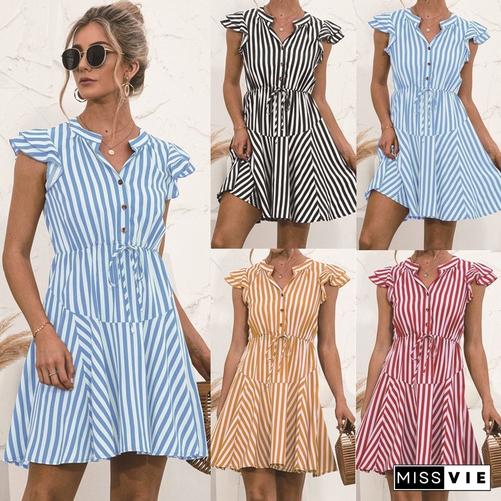 Fashion Striped Button Casual Mini Ruffles Dress Summer A- Sexy V-neck Short Dress For Womens Beach Dress High Street