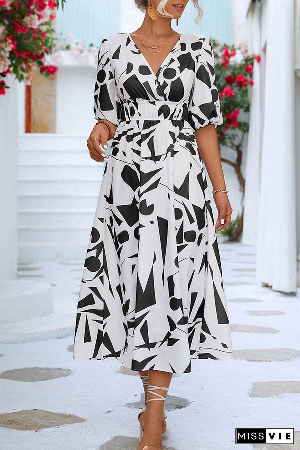 Wrap V Neck Geometric Print Bubble Sleeves Maxi Dress