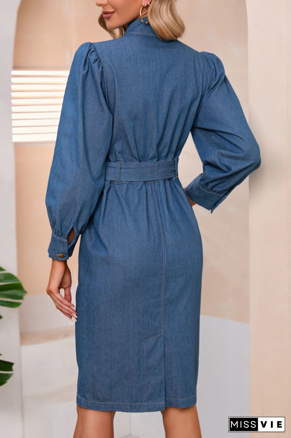 Vintage Waist Tie Button Denim Dress