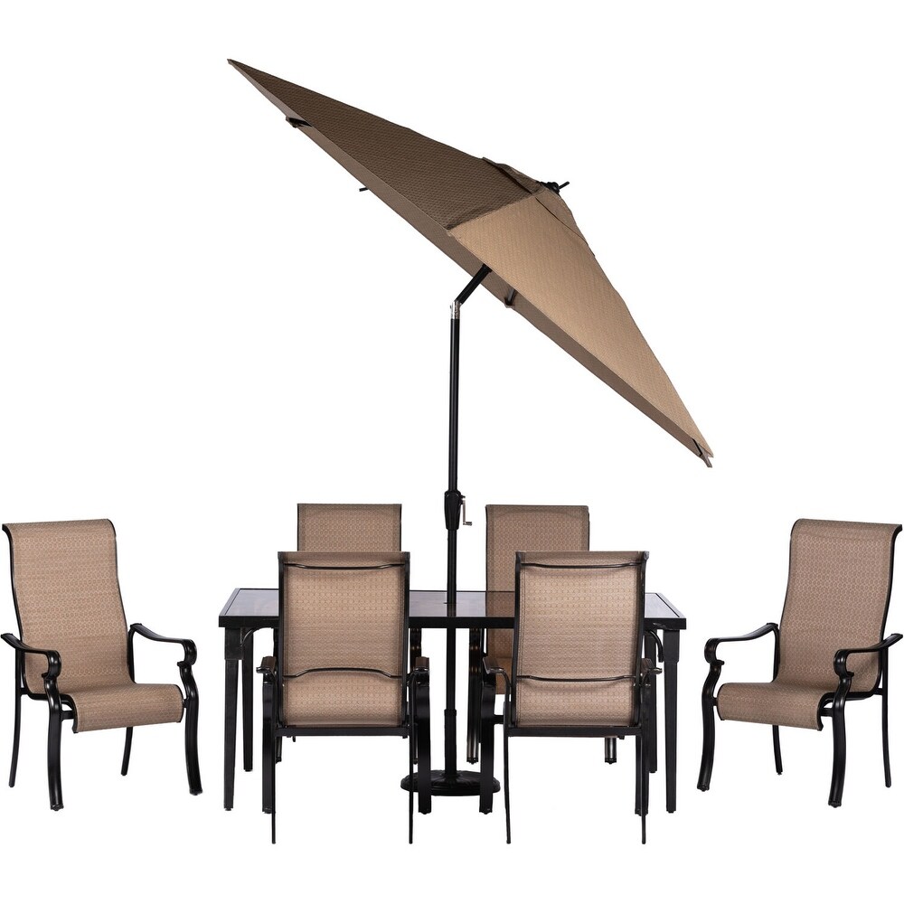 Hanover BRIGDN7PC GLS SU Brigantine Tan Aluminum 7 piece Outdoor Dining Set with Glass Top Table and 9 foot Umbrella