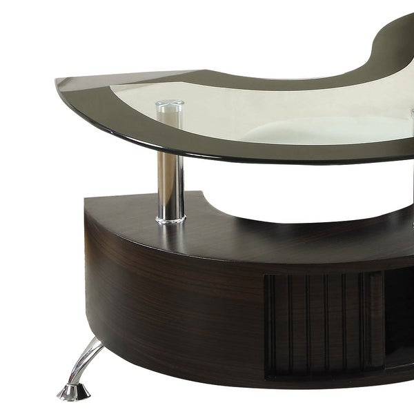 S Shape Contemporary Wood Base Coffee Table with Glass Top，Silver and Brown