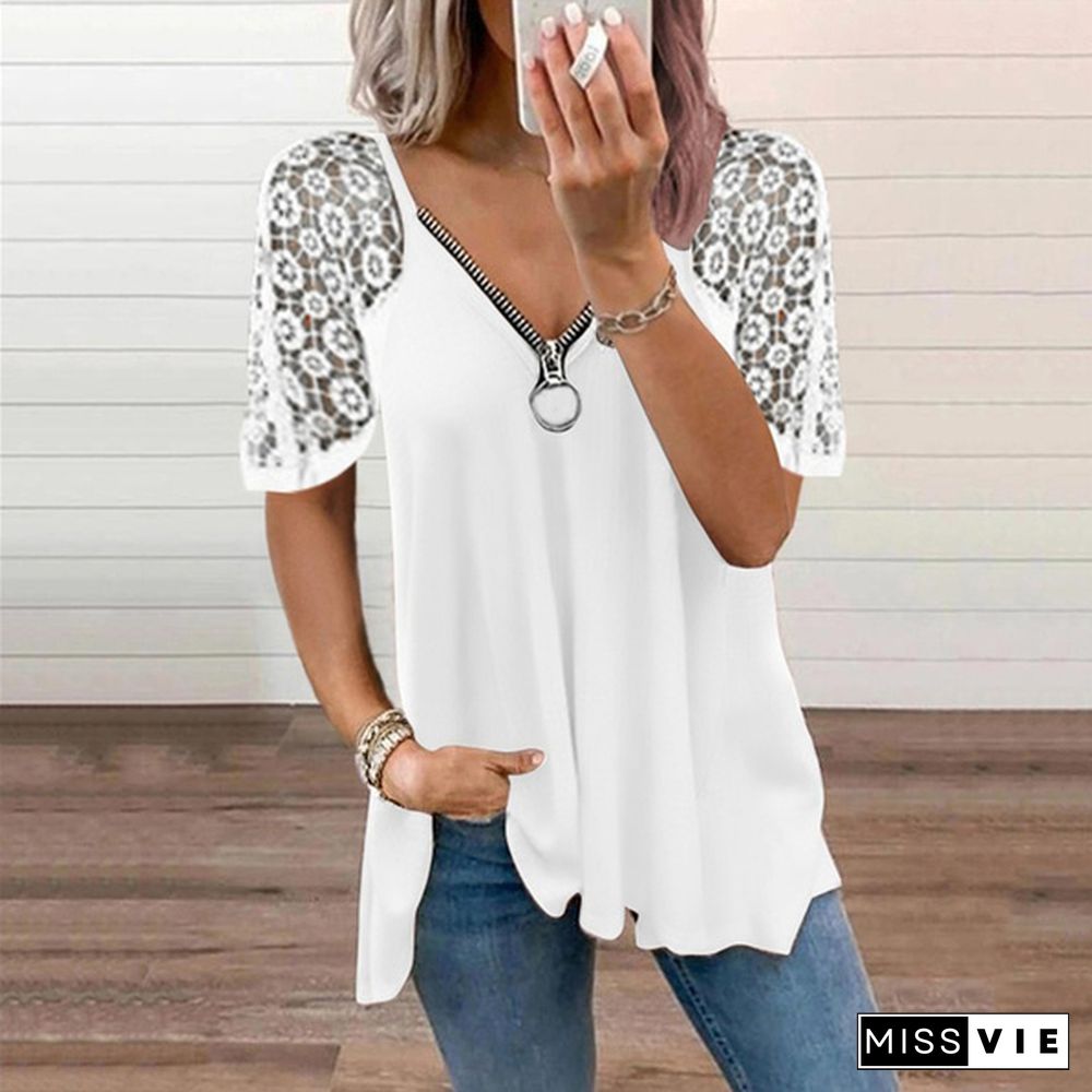 Summer Women's Lace Stitching Short Sleeve Tops Solid Color Loose T-shirt Fashion Casual Women's Clothing Plus Size Femmes