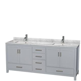 Wyndham Collection Sheffield 80 in. W x 22 in. D x 35 in. H Double Bath Vanity in Gray with White Carrara Marble Top WCS141480DGYCMUNSMXX