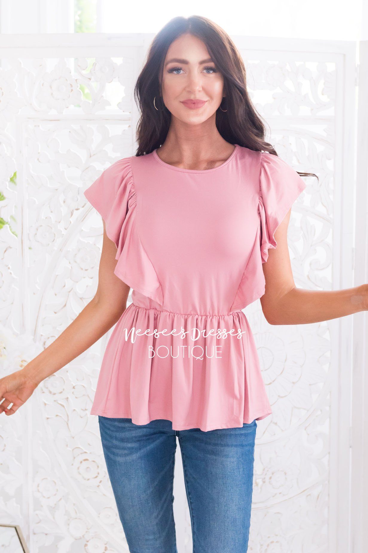 Carefree Modest Ruffle Peplum Blouse