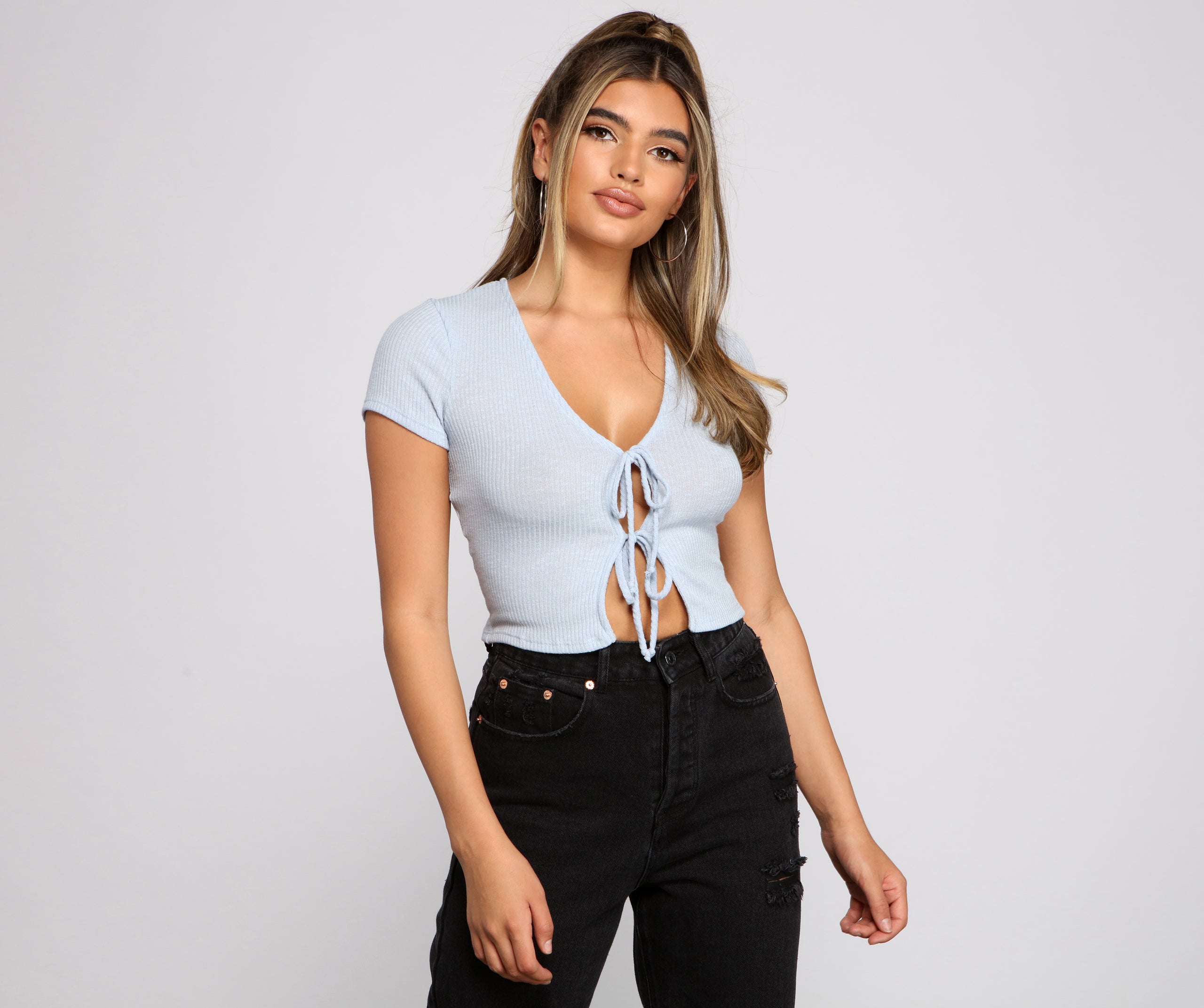 So Cheeky Ribbed Knit Tie Front Top