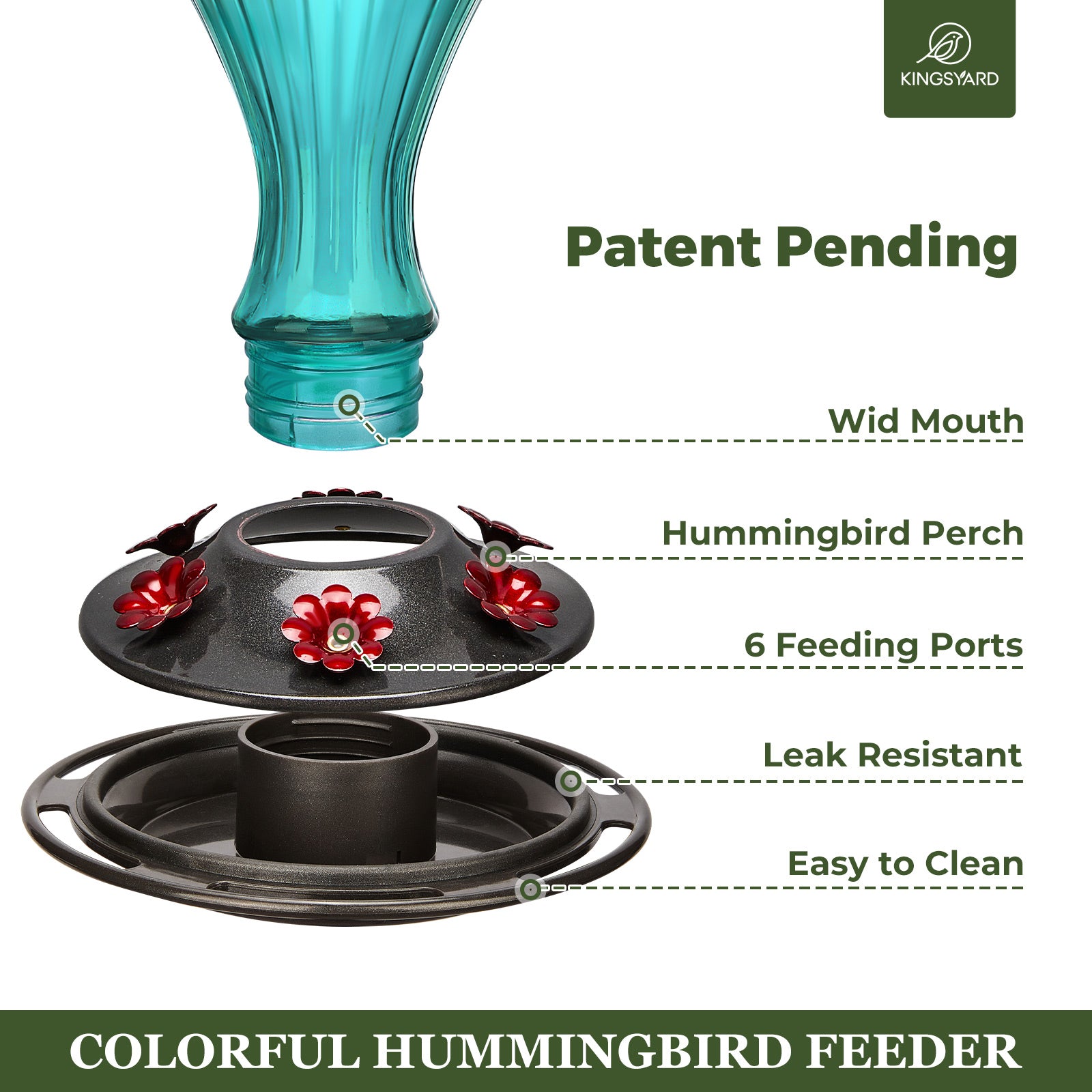 Kingsyard Glass Hummingbird Feeder 24 Ounces， 6 Feeding Ports， Hanging Bird Nectar Feeder for Outdoors Garden Yard Décor， Ant Moat Included， Turquoise