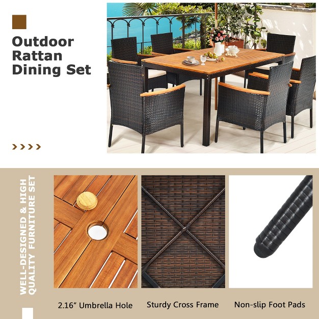 Costway 7pcs Patio Rattan Dining Set Armrest Cushioned Chair Wooden Tabletop