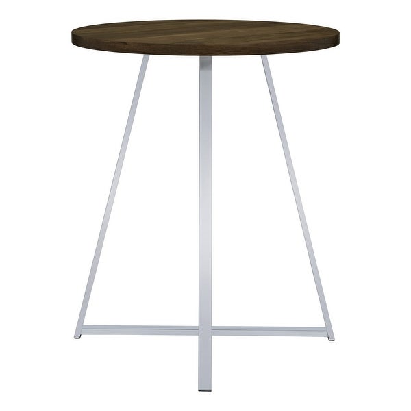 43 Inch Tall Modern Bar Table， Brown Round Top， Polished Chrome Flared Legs