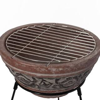 Vintiquewise Indoor and Outdoor Small Red and Grey Grill Clay Fire Pit and Accent Design and Metal Stand QI004353